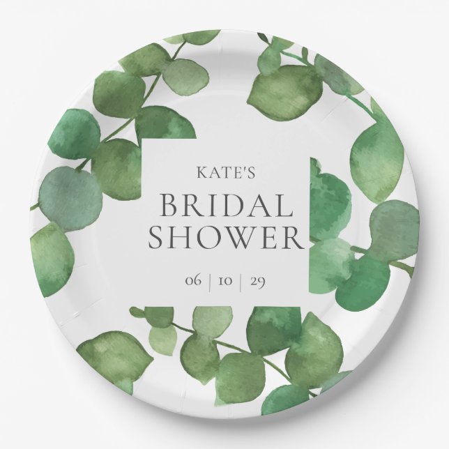 Assiettes En Carton Fête de mariage avec feuilles d'eucalyptus (Devant)