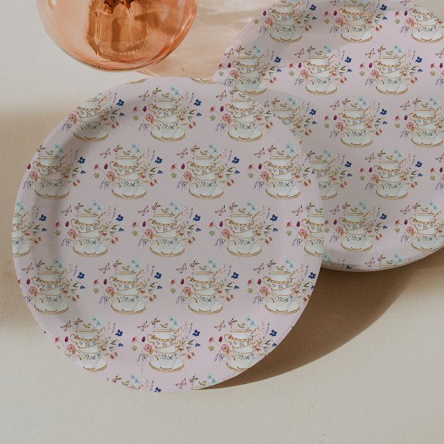Assiettes En Carton Fête de mariage avec thé rose (Pink Tea Party Bridal Shower Paper Plates by Painted Paperie
)