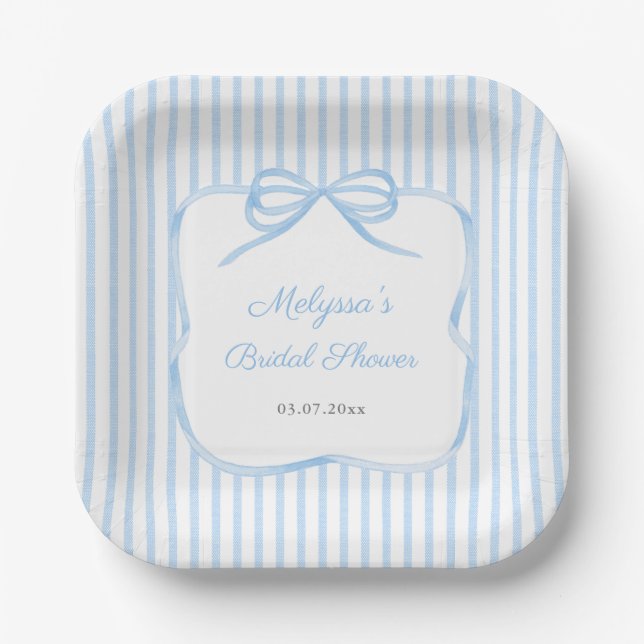 Assiettes En Carton Fête de Mariage Élégant Ruban Bleu (Recto)