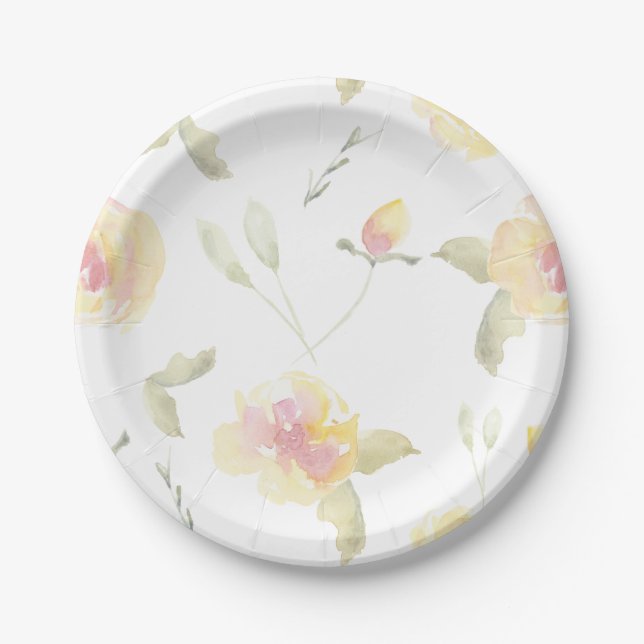 Assiettes En Carton Fête de Mariage Fleurs Aquarelle Jaune Citron (Devant)