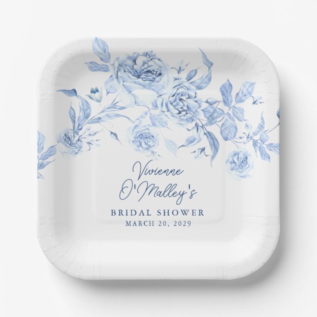 Assiettes En Carton Fête de mariage Floral Bleu (Recto)