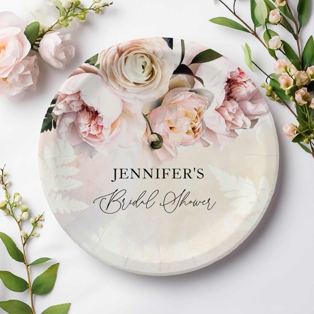 Assiettes En Carton Fête de mariage floral rose (Pink Blush Bridal Shower Paper Plates)