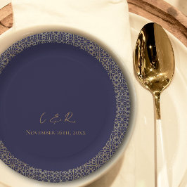 Assiettes En Carton Fête de mariage Monogram Marine Gold Design