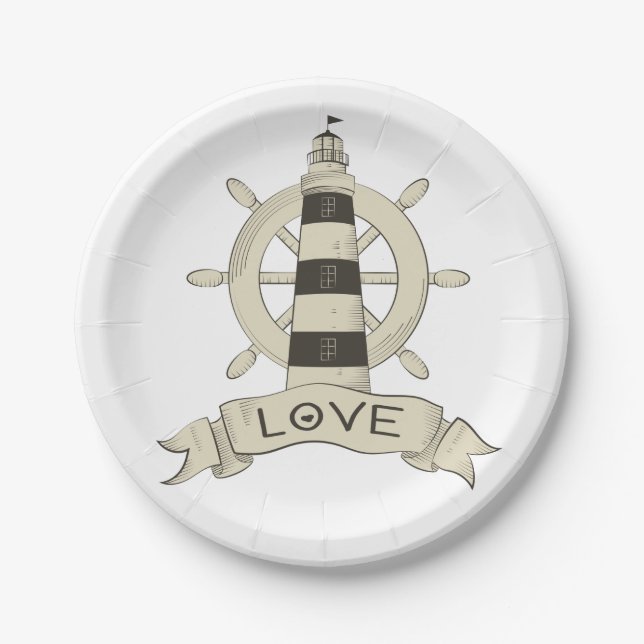 Assiettes En Carton Fête de mariage Nautical Lighthouse & Ship Wheel (Devant)