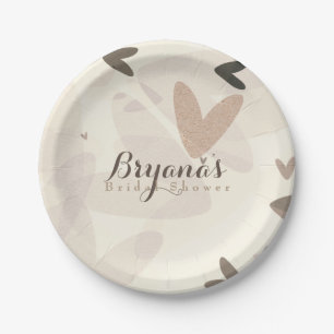 Assiettes En Carton Fête de Mariage Rose & Coeurs Taupe Chic