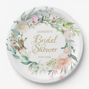 Assiettes En Carton Fête de mariage rose d'été aquarelle écriture doré