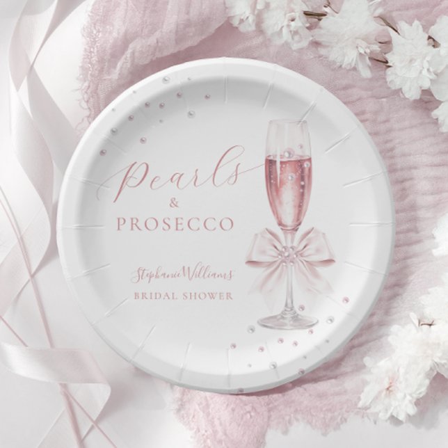Assiettes En Carton Fête de mariage rose perles et prosecco (Créateur téléchargé)