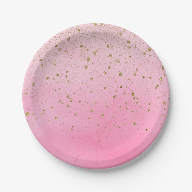 Assiettes En Carton Fête de mariage Rose Poudrée et Paillettes Dorées (Devant)