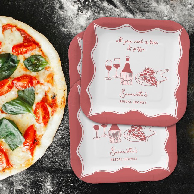 Assiettes En Carton Fête de Mariage Thème Vin Pizza Italienne Main Rou (Red Hand Drawn Italian Pizza Wine Bridal Shower Paper Plates)