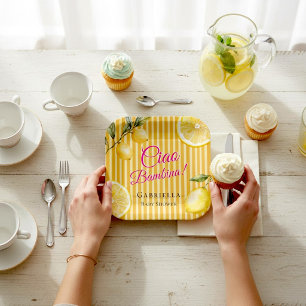 Assiettes En Carton Fête de naissance Bébé Ciao Bambina au citron aqua