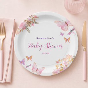 Assiettes En Carton Fête de naissance Fleur rose aquarelle papillon