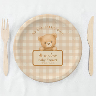 Assiettes En Carton Fête de Naissance Ourson Gingham Marron et Ours en