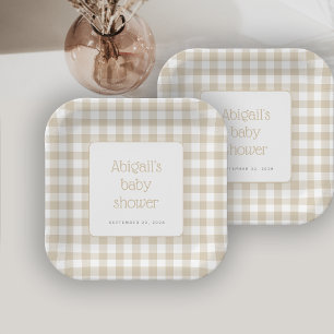 Assiettes En Carton Fête de Naissance Rustique Beige à Carreaux Gingha