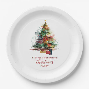 Assiettes En Carton Fête de Noël arbre aquarelle