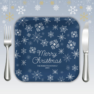 Assiettes En Carton Fête de Noël aux flocons de neige bleu marine