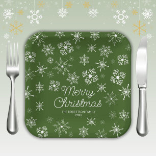 Assiettes En Carton Fête de Noël aux Flocons de Neige Verts
