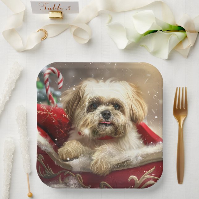 Assiettes En Carton Fête de Noël de Chien Malti Tzu (Mariage)