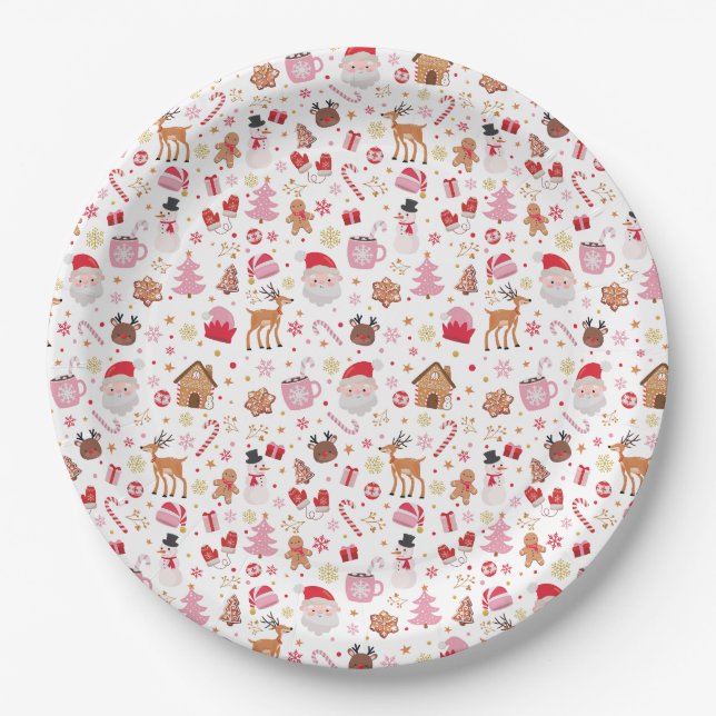 Assiettes En Carton Fête de Noël du Père Noël rose (Devant)