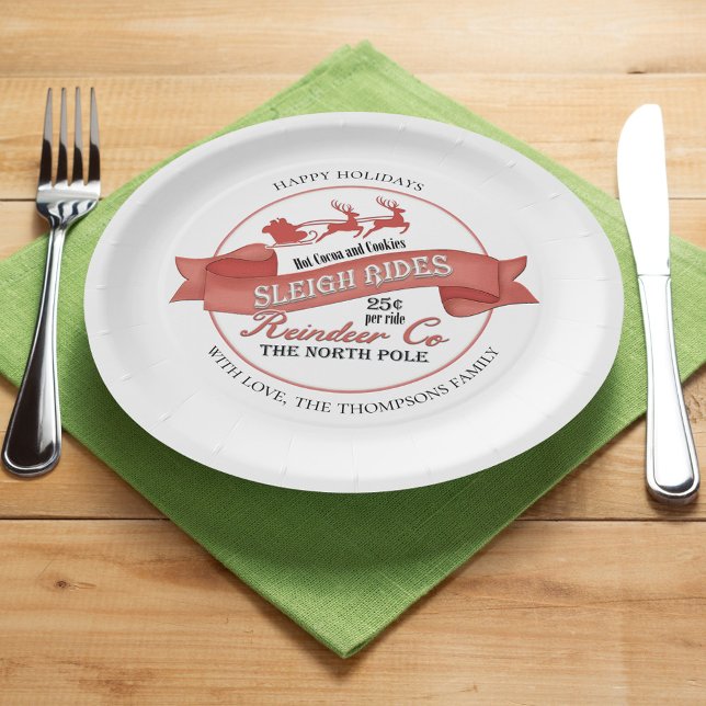 Assiettes En Carton Fête de Noël Rouge et Blanc Personnalisé (Christmas custom paper plate with Santa Reindeer Sleigh ride typography sign. )