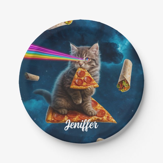 Assiettes En Carton Fête de pizza de chat laser (Devant)