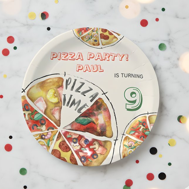 Assiettes En Carton Fête de pizza Watercolor (Créateur téléchargé)
