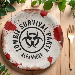 Assiettes En Carton Fête de survie Zombie avec un signe rouillé et du
