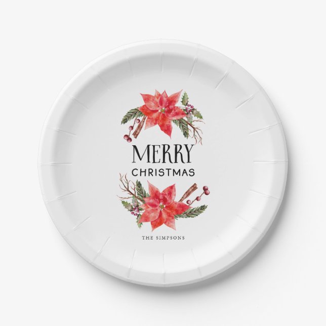 Assiettes En Carton Fête de Vacances Poinsettia Verdure (Devant)