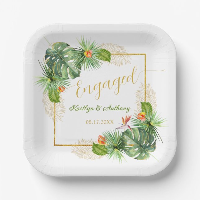 Assiettes En Carton Fête d'engagement tropicale aquarelle florale palm (Recto)