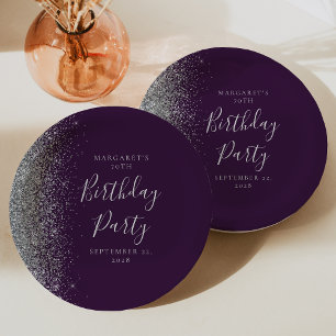 Assiettes En Carton Fête des 70 ans Glitter Argent Violet