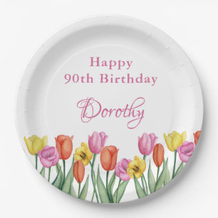 Assiettes En Carton Fête des 90 ans aux Tulipes à l'aquarelle