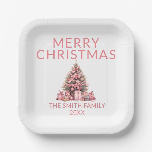 Assiettes En Carton Fête des arbres de Noël roses (Recto)