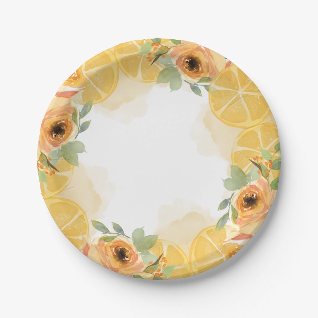 Assiettes En Carton Fête des mariées citrons et fleurs (Devant)