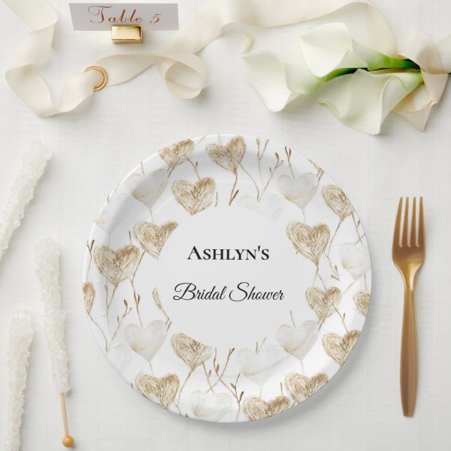 Assiettes En Carton Fête des mariées Coeurs Boho Crème Brown (Mariage)