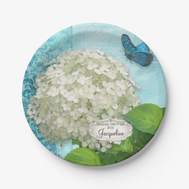 Assiettes En Carton Fête des mariées Damask White Hydrangea Butterfly  (Devant)