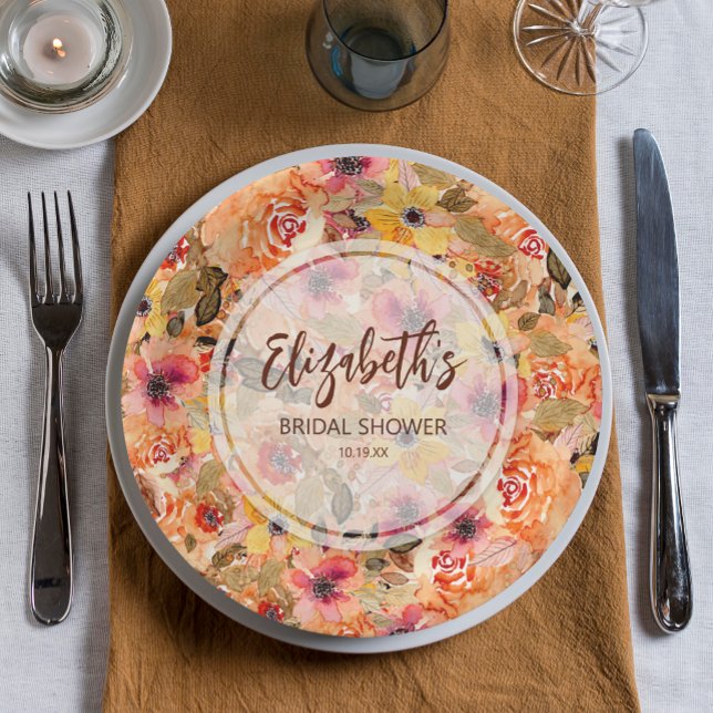 Assiettes En Carton Fête des mariées d'aquarelle d'automne (Autumn Watercolor Flowers Bridal Shower Paper Plates)