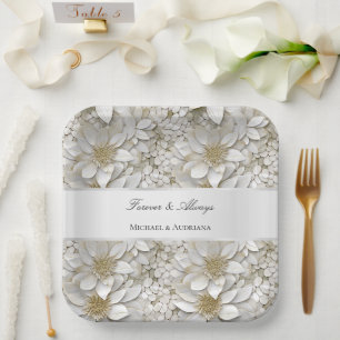 Assiettes En Carton Fête des mariées de fleurs de lotus blanc or