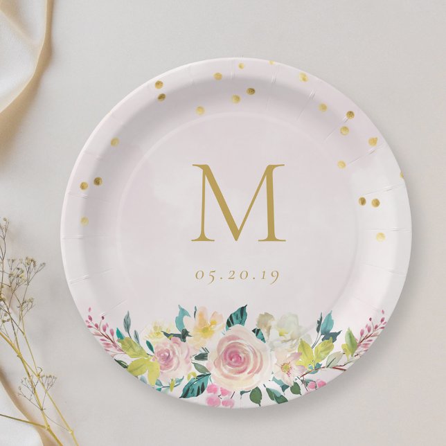 Assiettes En Carton Fête des mariées de monogramme floral rose (Créateur téléchargé)