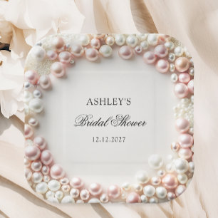 Assiettes En Carton Fête des mariées de perles roses et blanches