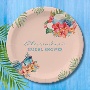 Assiettes En Carton Fête des mariées de plage aux fleurs roses tropica