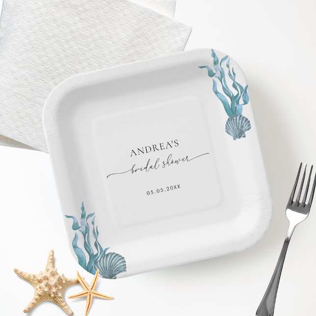 Assiettes En Carton Fête des mariées d'été Nautical Coastal Blue Shell (Créateur téléchargé)