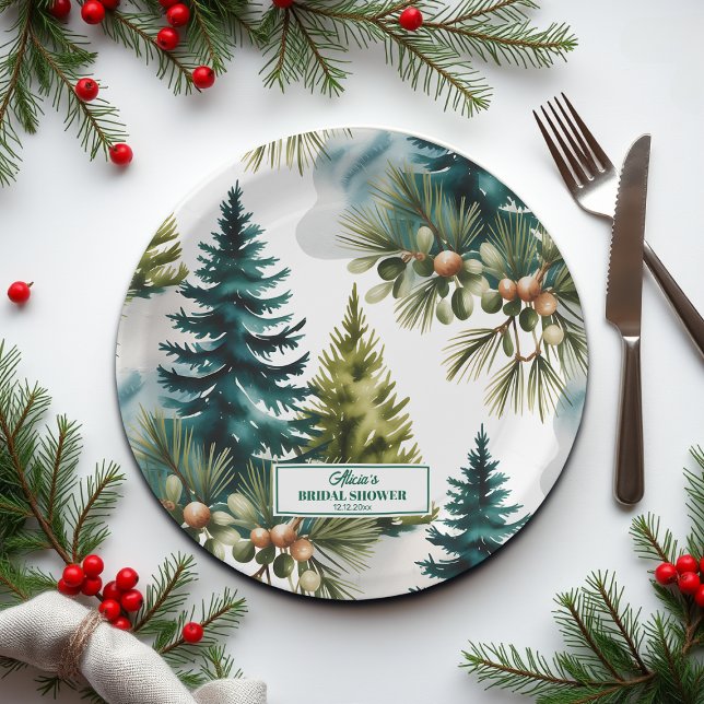 Assiettes En Carton Fête des mariées d'hiver du Motif de pin d'aquarel (Créateur téléchargé)