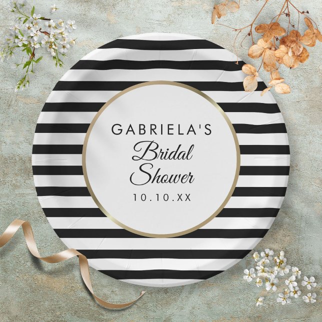 Assiettes En Carton Fête des mariées d'or élégant à bande noire (Black Stripe Elegant Gold Bridal Shower Paper Plates)