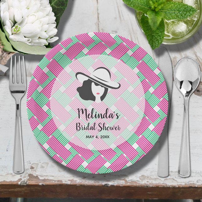 Assiettes En Carton Fête des mariées du grand Casquette Derby (Big Derby hat lady on hot pink and green diagonal stripes bridal shower paper plates)