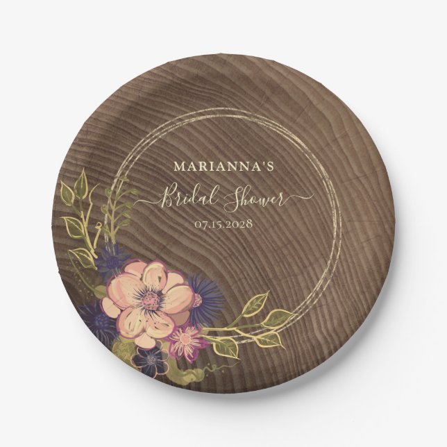 Assiettes En Carton Fête des mariées en bois floral rustique (Devant)