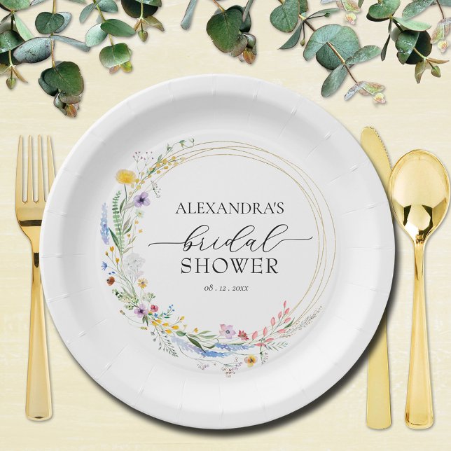 Assiettes En Carton Fête des mariées Fleur sauvage aquarelle (Watercolor wildflower wreath bridal shower paper plates)