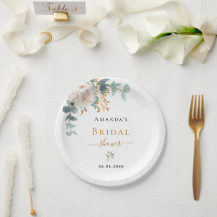 Assiettes En Carton Fête des mariées fleurs blanches eucalyptus verdur