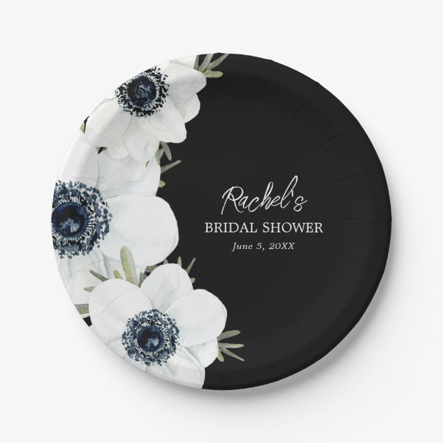 Assiettes En Carton Fête des mariées Fleurs noires et blanches (Devant)