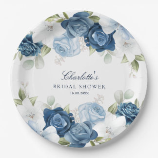 Assiettes En Carton Fête des mariées florale bleu poussiéreux