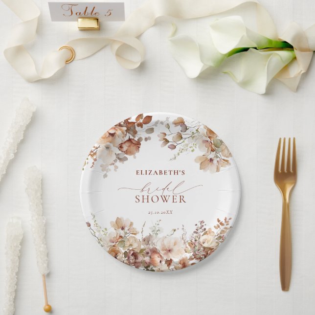 Assiettes En Carton Fête des mariées florale de Boho neutre rustique (Mariage)