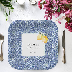 Assiettes En Carton Fête des mariées florale et carrelage bleu citron 